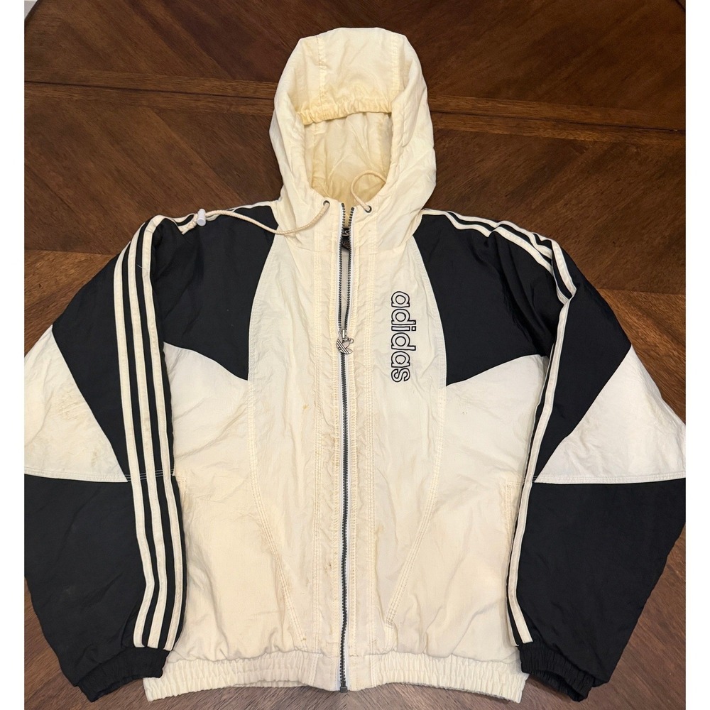 Vintage Adidas Windbreaker Jacket Small Cream Black Trefoil Hooded 90s CA 00411